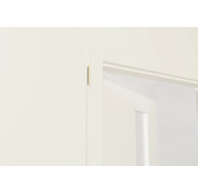 Detaliu al unui toc de ușă alb cu o foaie de ușă în fundal