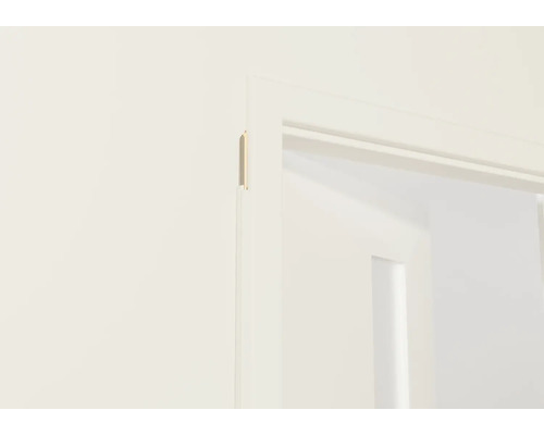 Detaliu al unui toc de ușă alb cu o foaie de ușă în fundal