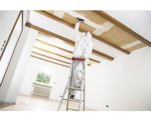 Artizan pe o scară efectuând lucrări de renovare pe un tavan într-o cameră luminoasă.