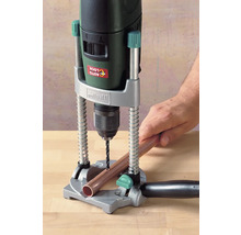 Stativ de găurit Wolfcraft cu mașină de găurit și țeavă de cupru