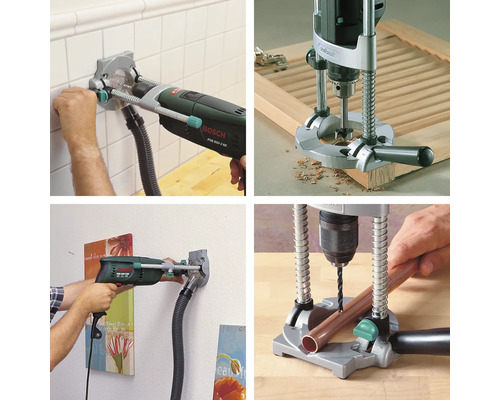 Vizualizări multiple ale unei mașini de găurit cu aspirator de praf și suporturi de găurit în uz.