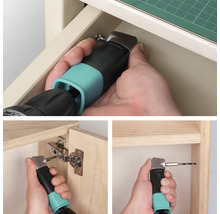 Utilizarea atașamentului cotit Wolfcraft cu burghiu și șurubelniță