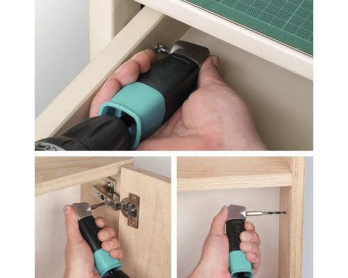 Utilizarea atașamentului cotit Wolfcraft cu burghiu și șurubelniță