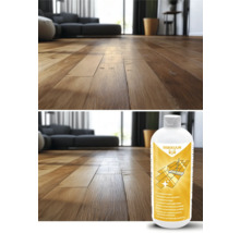 Scenă cu parchet laminat și soluție de curățare pentru parchet laminat de la Rakkuun