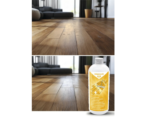 Scenă cu parchet laminat și soluție de curățare pentru parchet laminat de la Rakkuun