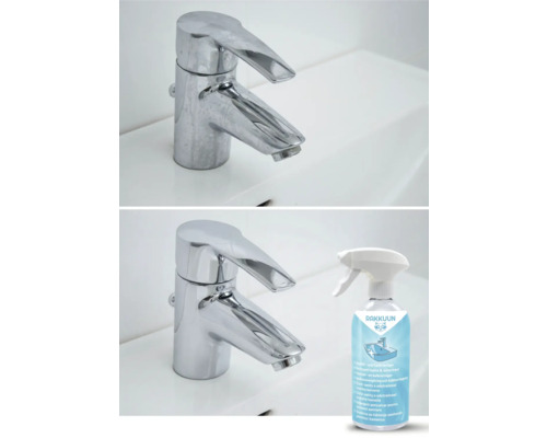 Comparație înainte și după a unui robinet cu un detergent anticalcar și logo-ul RAKKUUN