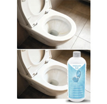 Comparație înainte și după a unei toalete și a unei sticle de detartrant urinar