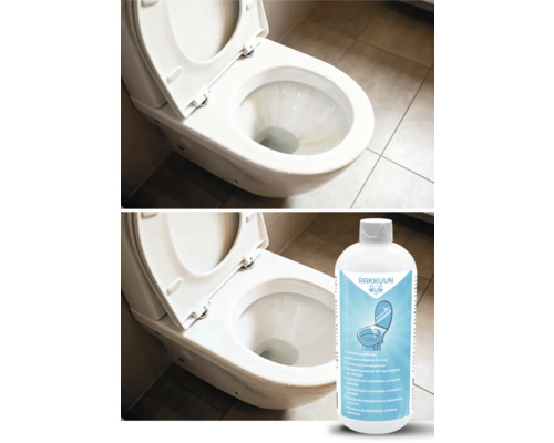 Comparație înainte și după a unei toalete și a unei sticle de detartrant urinar