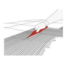 Ilustrație cu o persoană care aplică adeziv pentru plăci ceramice cu o mistrie