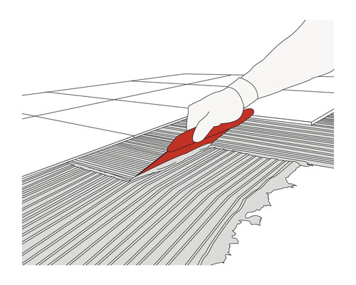 Ilustrație cu o persoană care aplică adeziv pentru plăci ceramice cu o mistrie