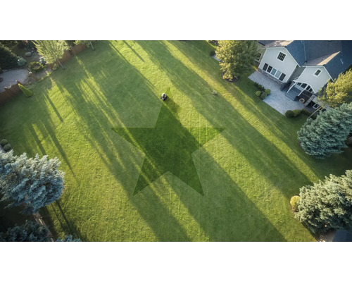 Vedere aeriană a unei grădini cu o mașină de tuns iarba și un model de stea în gazon