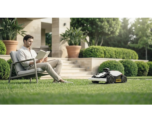 Un bărbat citește o carte în grădină, în timp ce robotul de tuns iarba tunde gazonul