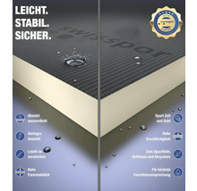 Logo Swisspor. Ilustrație a unei plăci izolatoare cu caracteristici precum impermeabilitate, greutate redusă, prelucrare ușoară, stabilitate dimensională ridicată și rezistență la presiune.