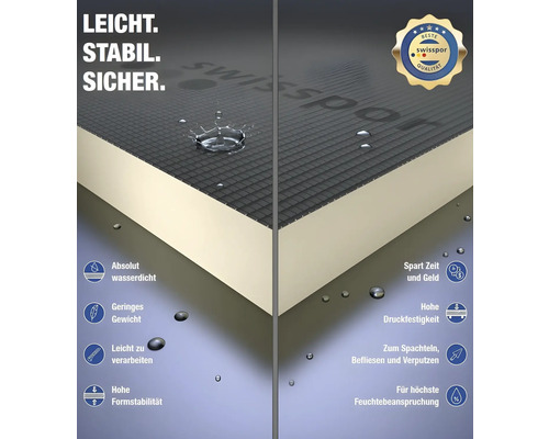 Logo Swisspor. Ilustrație a unei plăci izolatoare cu caracteristici precum impermeabilitate, greutate redusă, prelucrare ușoară, stabilitate dimensională ridicată și rezistență la presiune.