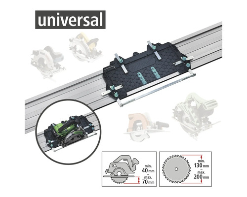 Șină de ghidare universală pentru fierăstraie circulare de mână cu adâncimi de tăiere de la 40 milimetri la 70 milimetri și diametre ale pânzei de ferăstrău de la 130 milimetri la 200 milimetri