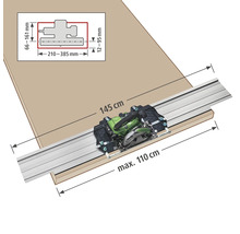 Imagine cu un ferăstrău circular manual cu șină de ghidare pentru tăierea unei piese de lucru cu dimensiunile de 145 cm și maximum 110 cm, inclusiv indicații de măsurare.
