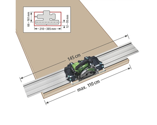 Imagine cu un ferăstrău circular manual cu șină de ghidare pentru tăierea unei piese de lucru cu dimensiunile de 145 cm și maximum 110 cm, inclusiv indicații de măsurare.