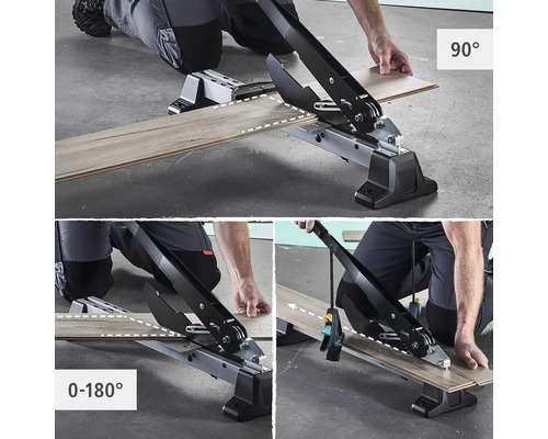 Tăietor de laminat în uz cu setări de unghi de la 0 la 180 de grade și 90 de grade.