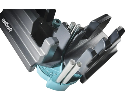 Dispozitiv de măsurat și tăiat unghiuri Wolfcraft din plastic cu tije metalice pentru reglarea și tăierea precisă a unghiurilor.