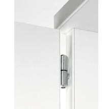 Prim-plan cu o balama pe o ușă albă