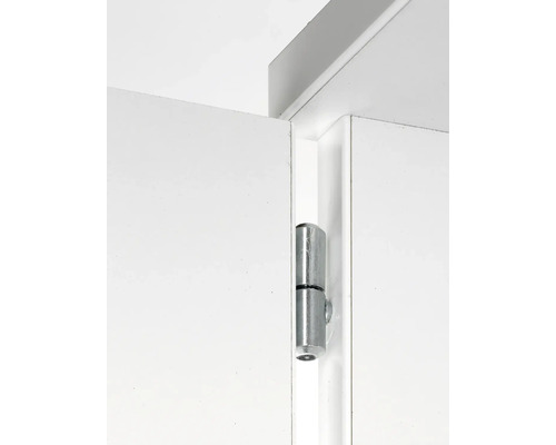 Prim-plan cu o balama pe o ușă albă