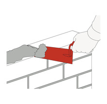 Ilustrație cu o mână aplicând mortar pe un zid de cărămidă cu ajutorul unei mistrii.