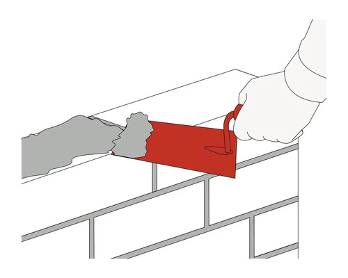 Ilustrație cu o mână aplicând mortar pe un zid de cărămidă cu ajutorul unei mistrii.