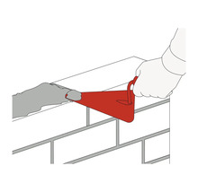 Ilustrație cu un zidar aplicând mortar pe un zid de cărămidă cu o mistrie