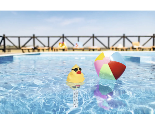 Scenă cu o rață galbenă de cauciuc cu ochelari de soare și o minge colorată într-o piscină