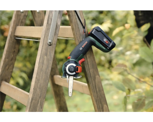 Fierăstrău de grădină cu acumulator Bosch pe o scară
