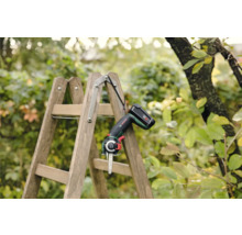 Fierăstrău de grădină cu acumulator pe o scară de lemn în grădină