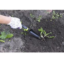 Grădinărit cu plantator într-un sol întunecat, protejat de mănuși de grădinărit.