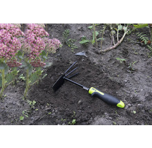 Unealtă de grădinărit cu greblă și sapă în grădină lângă o plantă