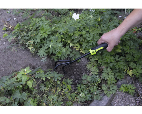 Scenă de grădinărit cu o persoană care folosește o greblă de grădină de la marca for_q pentru a lucra solul.