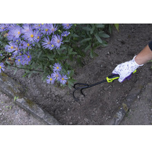 Grădinarul afânează pământul cu un cultivator lângă flori violet.