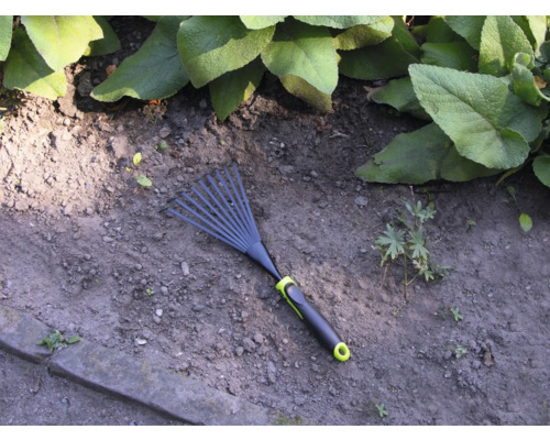 Greblă de grădină pe sol de grădină cu plante