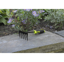 Greblă de grădină cu cinci dinți în fața unui strat de flori