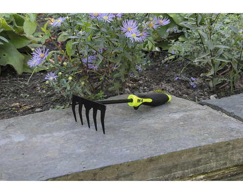 Greblă de grădină cu cinci dinți în fața unui strat de flori