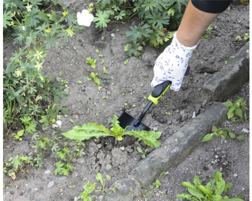 Imagine de grădină cu mână, mănușă de grădină și plivitoare de buruieni în uz.