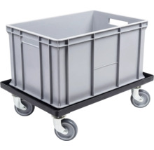 Navetă Euro gri din plastic pe un cărucior de transport negru cu patru roți pivotante.