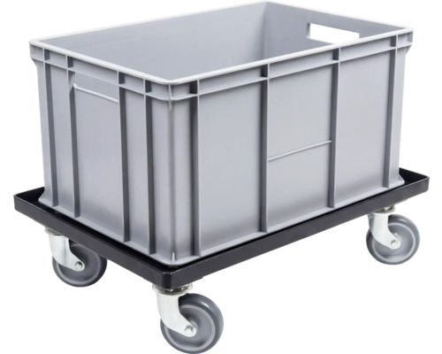 Navetă Euro gri din plastic pe un cărucior de transport negru cu patru roți pivotante.
