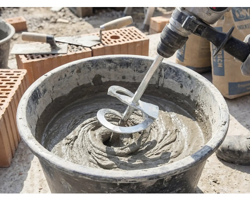 Un amestecător pe o bormașină amestecă mortar gri într-o găleată pe un șantier cu cărămizi și mistrii.