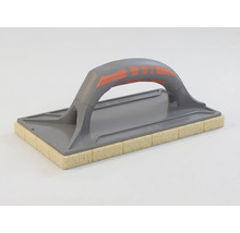 Drișcă cu burete, mâner ergonomic gri și strat de burete galben tăiat pentru placări ceramice.