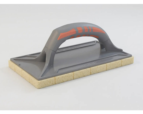 Drișcă cu burete, mâner ergonomic gri și strat de burete galben tăiat pentru placări ceramice.