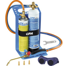 Kit de sudură și lipire CFH cu două butelii de gaz, furtunuri, arzător, duze de rezervă, cheie și ochelari de protecție.