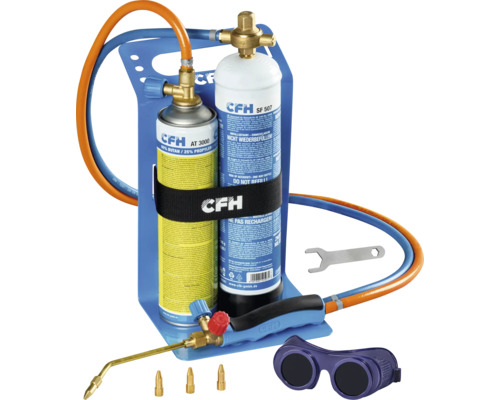 Aparat de sudat și lipit CFH cu două butelii de gaz, arzător, furtunuri, ochelari de protecție și accesorii.