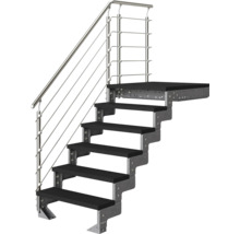 Scară de exterior cu șase trepte negre, cadru din oțel galvanizat și balustradă din oțel inoxidabil.