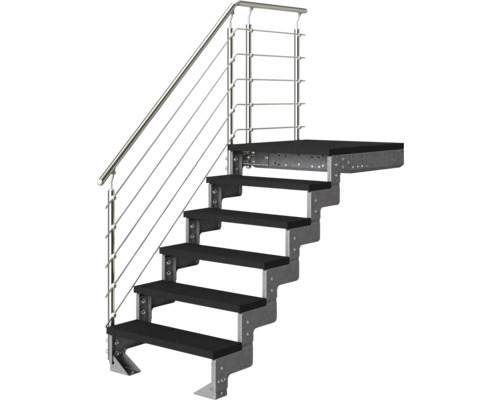Scară de exterior cu șase trepte negre, cadru din oțel galvanizat și balustradă din oțel inoxidabil.