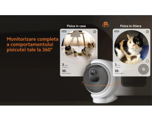 Cameră de monitorizare a animalelor de companie la 360 de grade pentru pisici cu aplicație pentru casă și litieră.