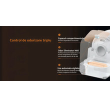 Infografic pentru controlul triplu al mirosurilor unei litiere cu capac, eliminator de mirosuri și ușă automată sigilată.